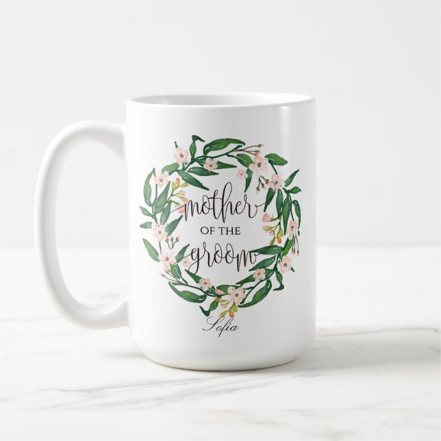 Taza De Café Madre del Groom, caligrafía, floral Wreath-6 (Izquierda)