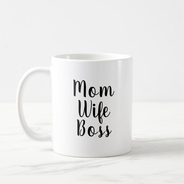 Taza De Café Madre esposa jefe personalizado blanco negro texto (Izquierda)