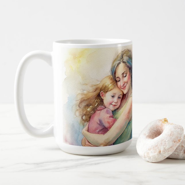 Taza De Café Madre madre, madre, hija de dibujo de acuarela. (Con donut)