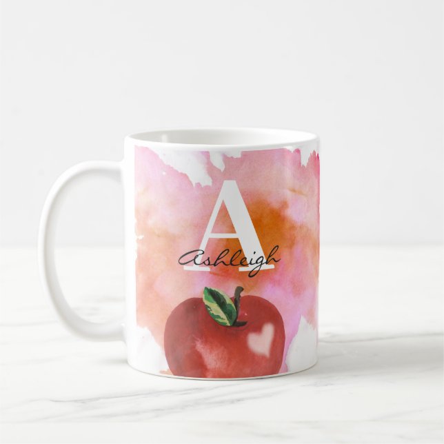 Taza De Café Maestro Apple Heart Monograma Nombre Rojo Rosa (Izquierda)