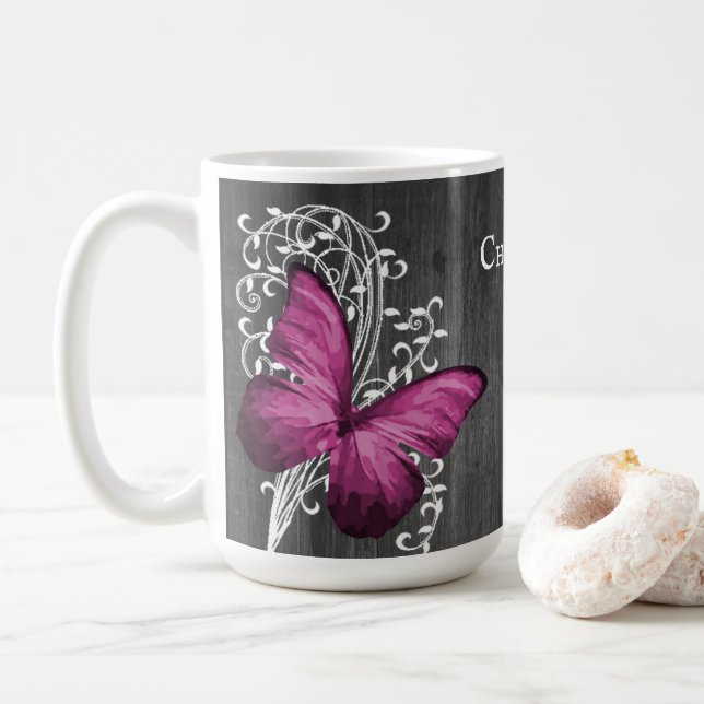 Taza De Café Magenta Rustic Butterfly Personalizado Coffee Mug (Con donut)