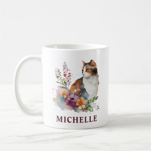 Taza De Café Magnífica acuarela Calico Cat and Flowers