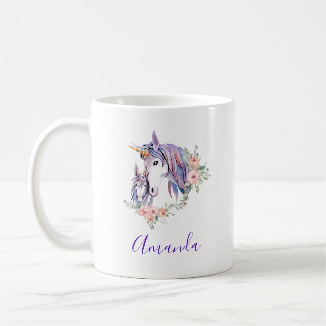 Taza De Café Magnífica unicornio, mamá y bebé acuarela (Izquierda)