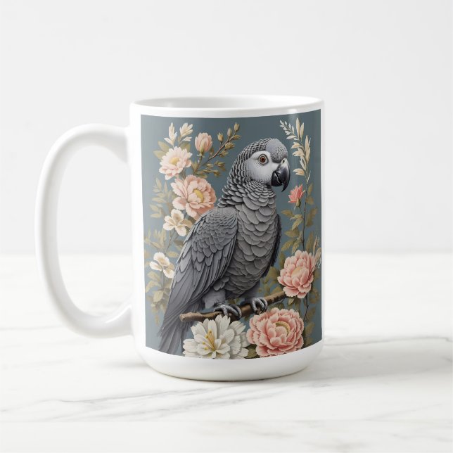 Taza De Café Magnífico Loro Gris Africano Con Elegantes Florale (Izquierda)