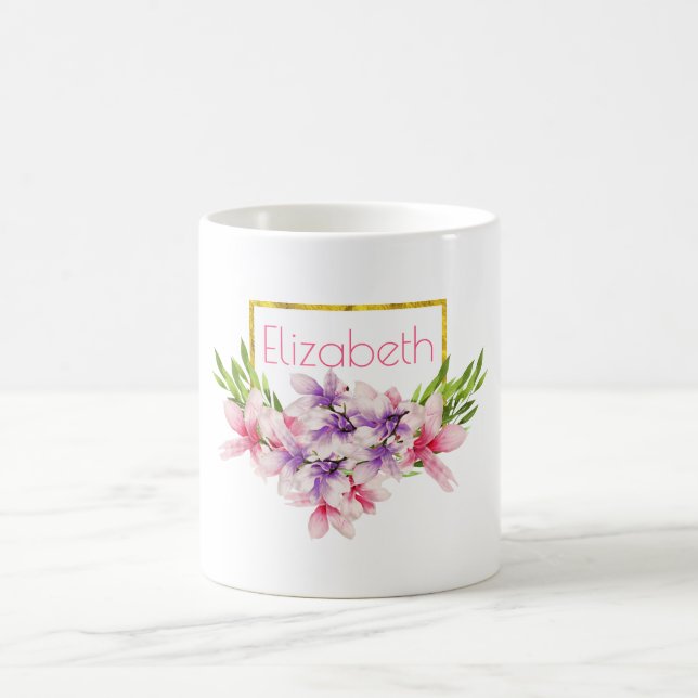 Taza De Café Magnolia acuarela morada y rosa personalizada (Centro)