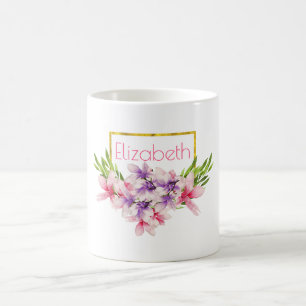 Taza De Café Magnolia Personalizada con Acuarela Morada y Rosa