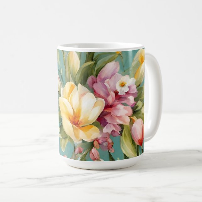 Taza De Café Magnolia rosa y amarilla exquisita con flores blan (Anverso derecho)