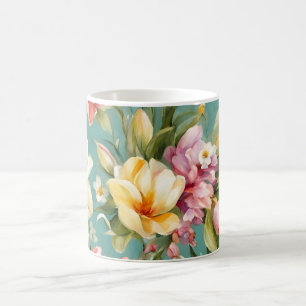 Taza De Café Magnolia rosa y amarilla exquisita con flores blan