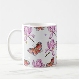 Taza De Café Magnolia y mariposas, patrón de acuarela