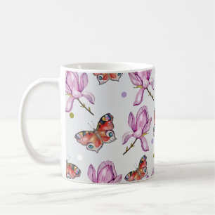 Taza De Café Magnolia y mariposas, patrón de acuarela
