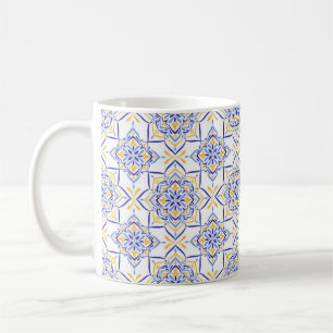 Taza De Café Majestic Bloom Elegant Blue and Gold Floral Mosai