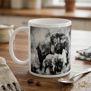 Taza De Café Majestuosa Elefanta Africana con Cría B&N