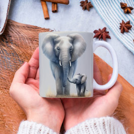 Taza De Café Majestuoso elefante africano y bebé en acuarela
