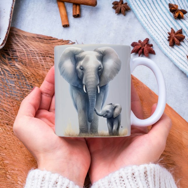 Taza De Café Majestuoso elefante africano y bebé en acuarela (Subido por el creador)