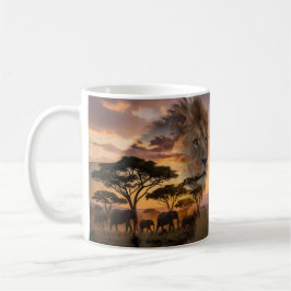 Taza De Café Majestuoso León Doble Exposición Atardecer en la S