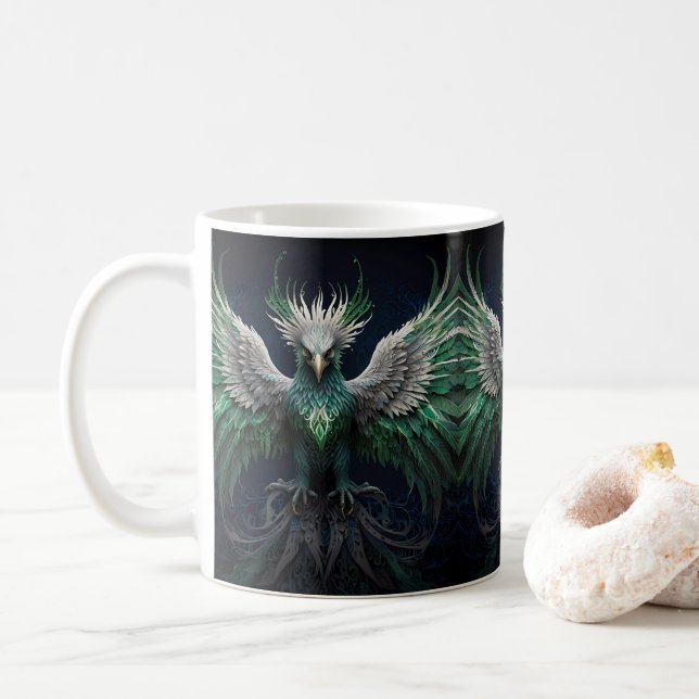 Taza De Café Majestuoso pájaro verde y blanco (Con donut)