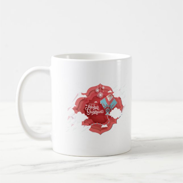 Taza De Café Makar Sankranti azul y cometa roja (Izquierda)