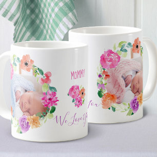 Taza De Café Mamá 2 Foto en Corona Floral Acuarela