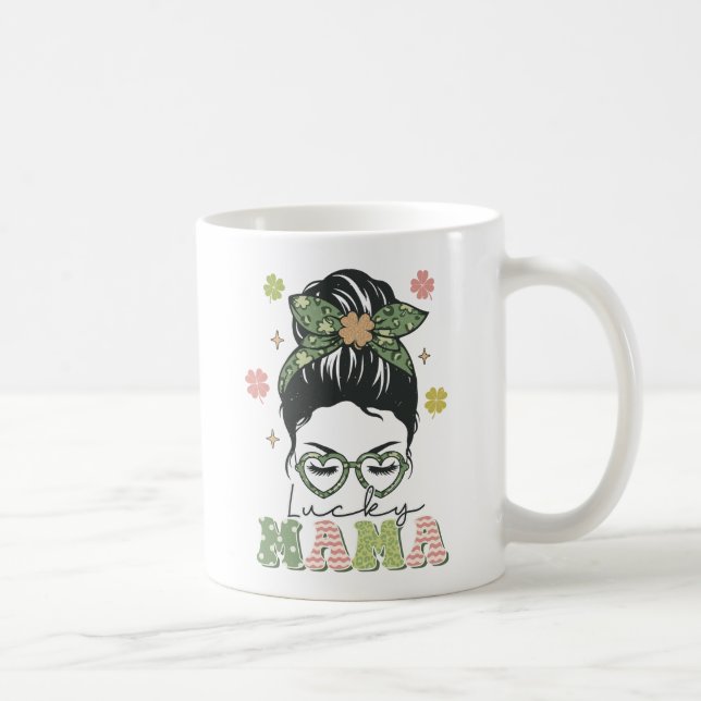 Taza De Café Mamá afortunada - Messy Bun - Clover St. Patrick (Derecha)