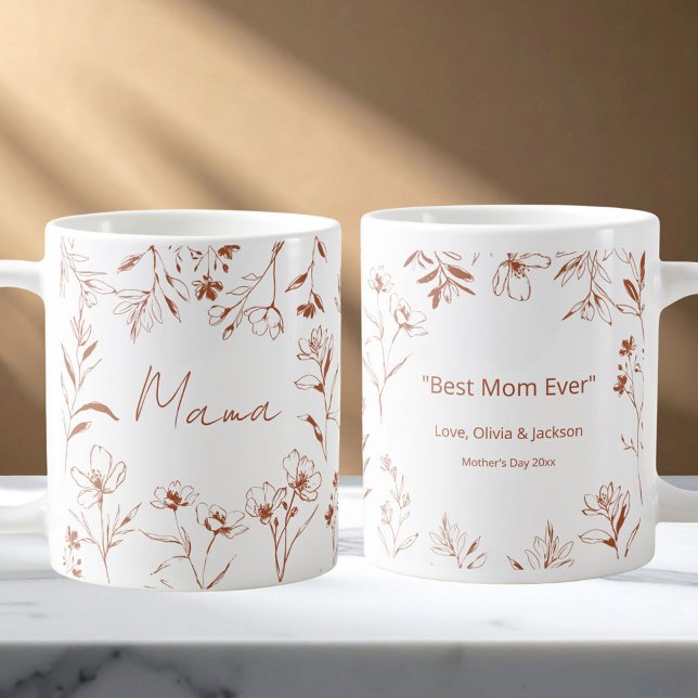 Taza De Café Mama Custom Quote Brown White Floral Line Art  (Front and Back)