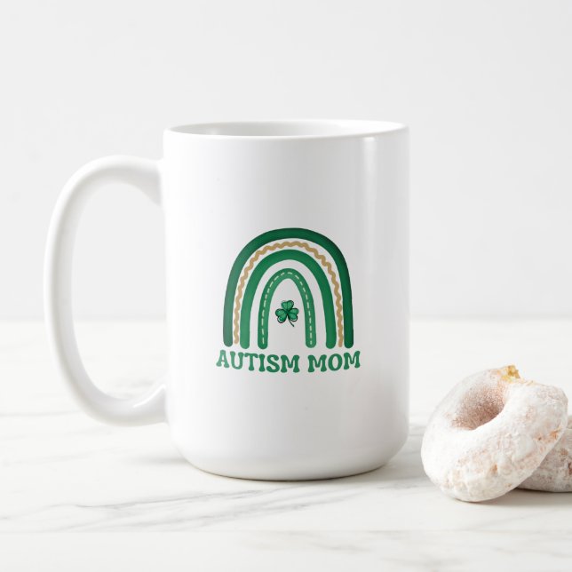 Taza De Café Mamá del autismo San Patrick's Day Mug, 15 oz (Con donut)