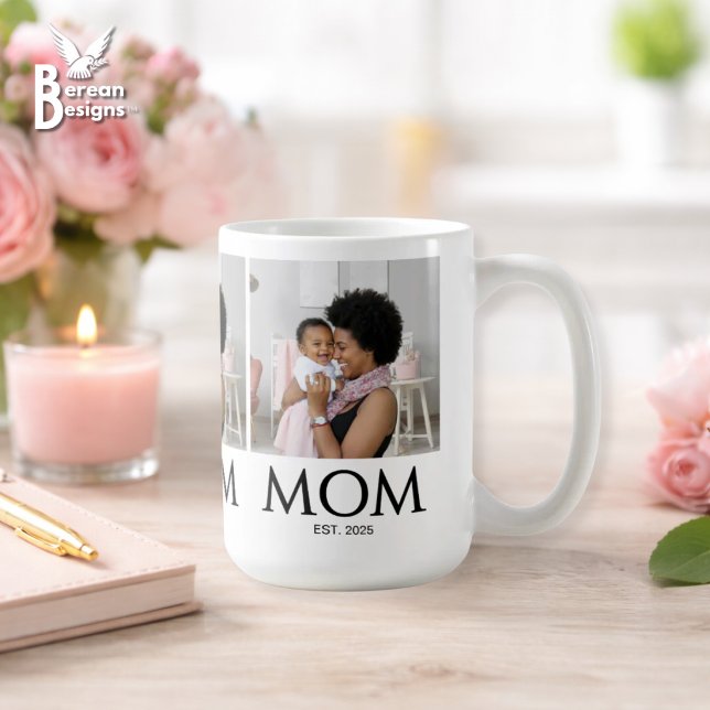 Taza De Café Mamá Estableció Clásicos Caps Blanco Foto (MOM ESTABLISHED Photo Mug with customizable photos and year. Ideal gift for Mother's Day. )