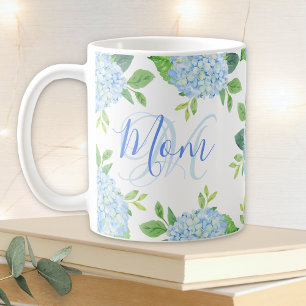 Taza De Café Mamá Floral Blue Hydrangea Watercolor Moderno