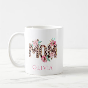 Taza De Café Mamá Floral Estampado Leopardo Nombre Personalizad
