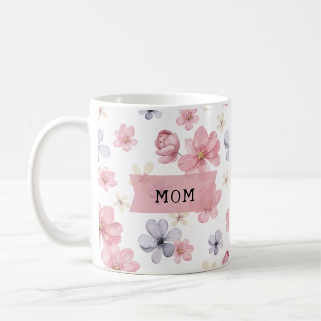 Taza De Café Mamá Floral rosa y morada (Izquierda)