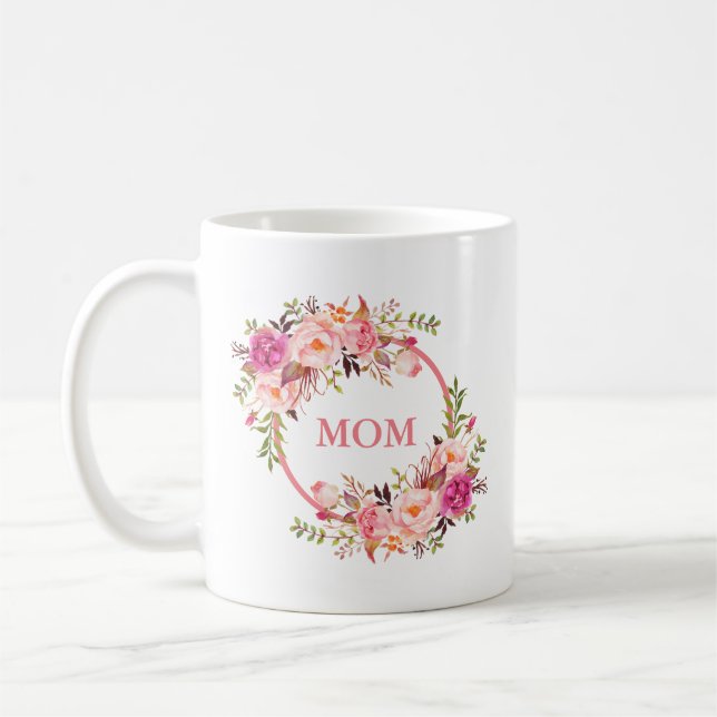 Taza De Café Mamá floral rosada de la acuarela (Izquierda)