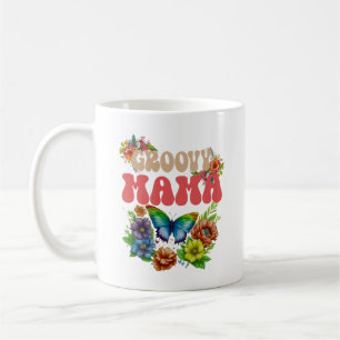 Taza De Café Mama Groovy Floral, mamá retro colorida