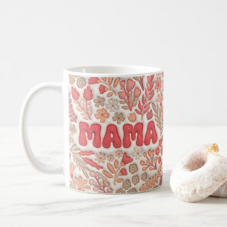 Taza De Café Mamá patrón floral rojo pastel y melocotón