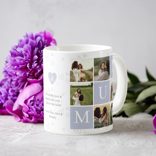 Taza De Café Mamá Photo Square Gird Monograma y personalizado (Mum Photo Square Gird Monogram & Personalized Coffee Mug)