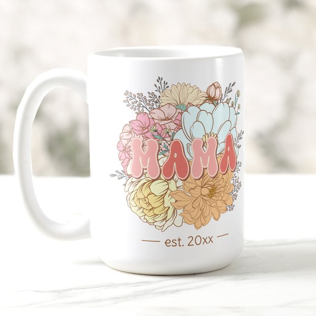 Taza De Café Mama Retro Establecida Flores Mamá Grande (Established Mama Retro Flowers Mom Large Coffee Mug)