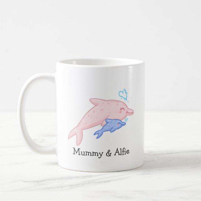 Taza De Café Mama y Baby Dolphin - Familia Personalizada (Izquierda)