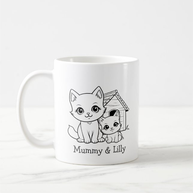 Taza De Café Mamá y bebé felino, familia de pareja personalizad (Izquierda)