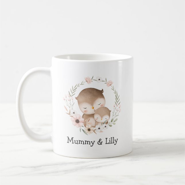 Taza De Café Mamá y Bebé Lechuza - Familia Personalizada (Izquierda)