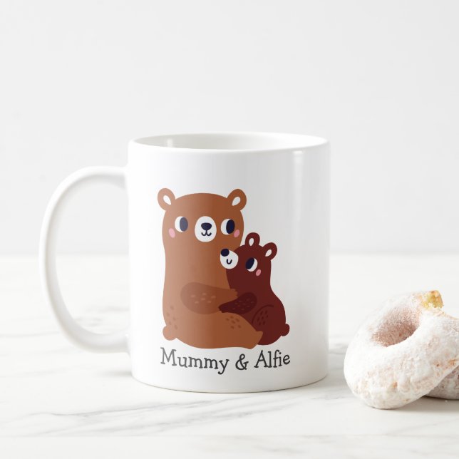 Taza De Café Mamá y oso bebé, familia de pareja personalizada (Con donut)