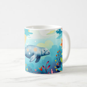 Taza De Café Manatí subacuático y arte de fantasía floral