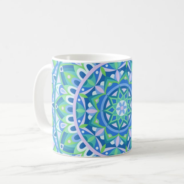 Taza De Café Mandalá Azul Geométrico Boho Calmante Espiritual (Anverso izquierdo)