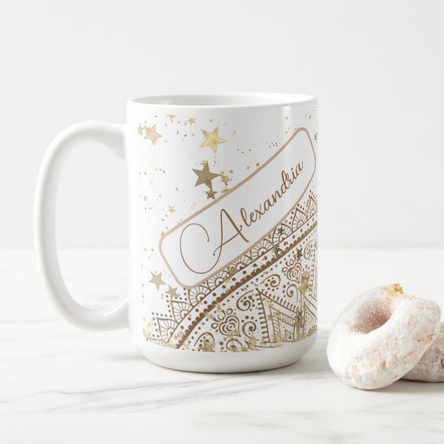 Taza De Café Mandala con estrellas de oro en blanco personaliza (Con donut)