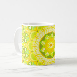 Taza De Café Mandalá de primavera verde amarillo floral boho