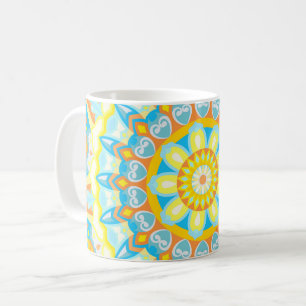 Taza De Café Mandalá de Verano Amarillo Naranja Azul Floral Boh