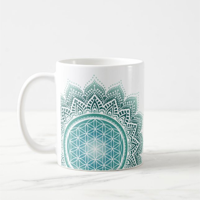 Taza De Café Mandala Flor de vida turquesa espiritual (Izquierda)