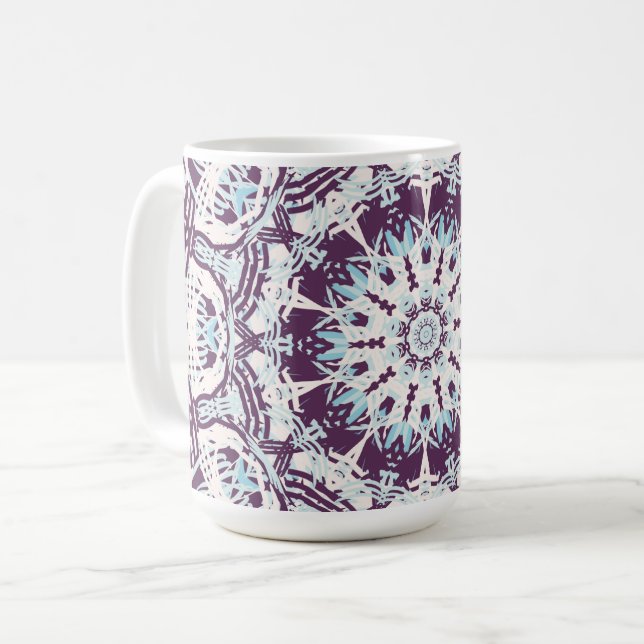 Taza De Café Mandala Spiritual Kaleidoscope Blue Purple White.  (Anverso izquierdo)