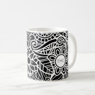 Taza De Café Mandela Tropical Floral INITIALS Black White Fun