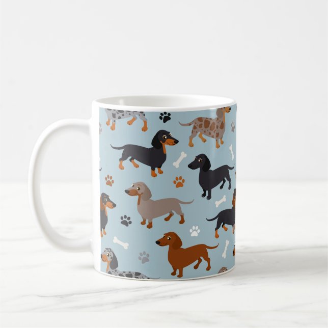 Taza De Café Manitas y huesos azul patrón Dachshund (Izquierda)