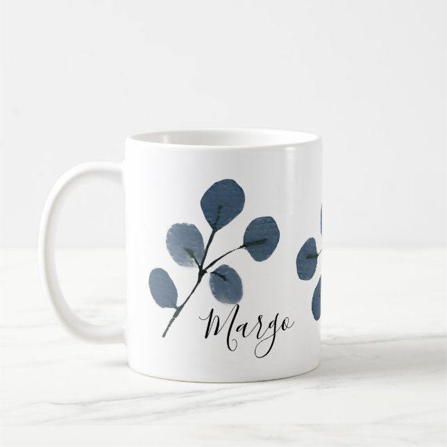 Taza De Café Mano Botánica Azul Eucalyptus Pintada (Izquierda)