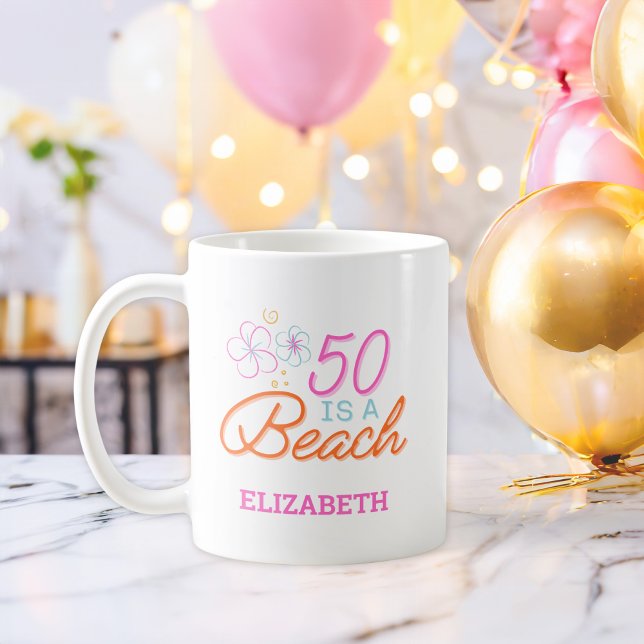 Taza De Café Mano de moda Dibujando Doodle 50th Beach Birthday (Subido por el creador)