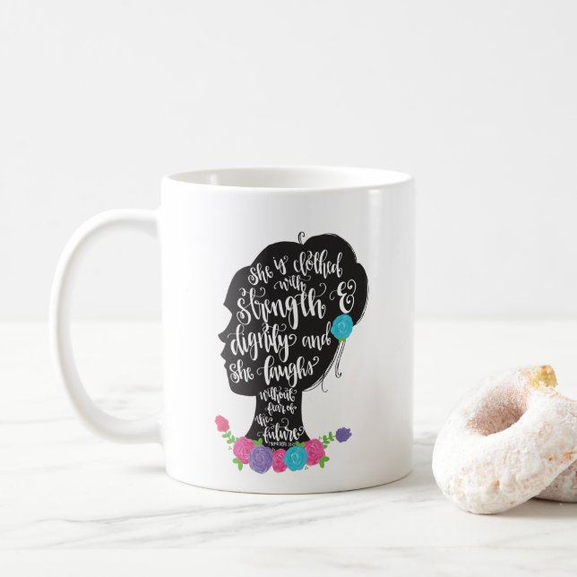 Taza De Café Mano floral Scriptur indicado con letras de la (Con donut)